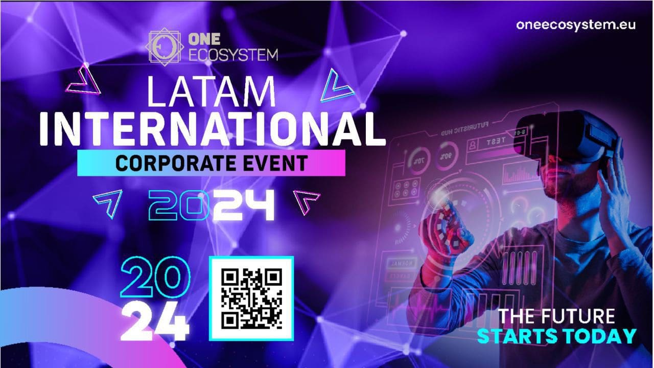 Промоционална графика за LATAM International Corporate Event 2024 by One Ecosystem. Той включва QR кодове, футуристични визуализации и човек, носещ VR слушалки, за да взаимодейства с цифрови елементи. Columbia Deal Shaker Expo е друго събитие, което трябва да наблюдавате.