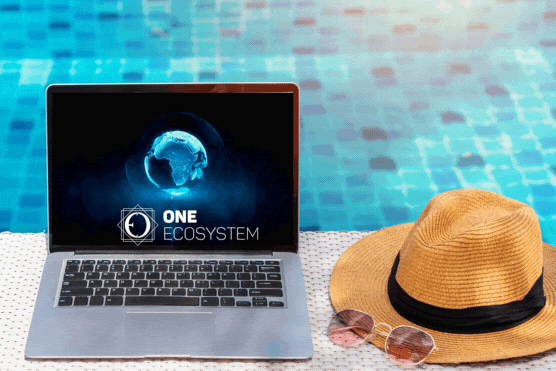До сламена шапка близо до басейна, лаптоп с надпис "One Ecosystem".