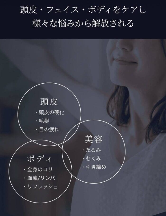 「頭皮」（頭皮の硬さ、髪、目の疲れ）、「ボディ」（筋肉のコリ、血流、リンパマッサージ、リフレッシュ）、「美容」（たるみ、引き締め）の3つの円を日本語のインフォグラフィックで表示。革新的なデザインでBODY AWARD 2022を受賞した「電気バリブラシ2.0」を特集。
