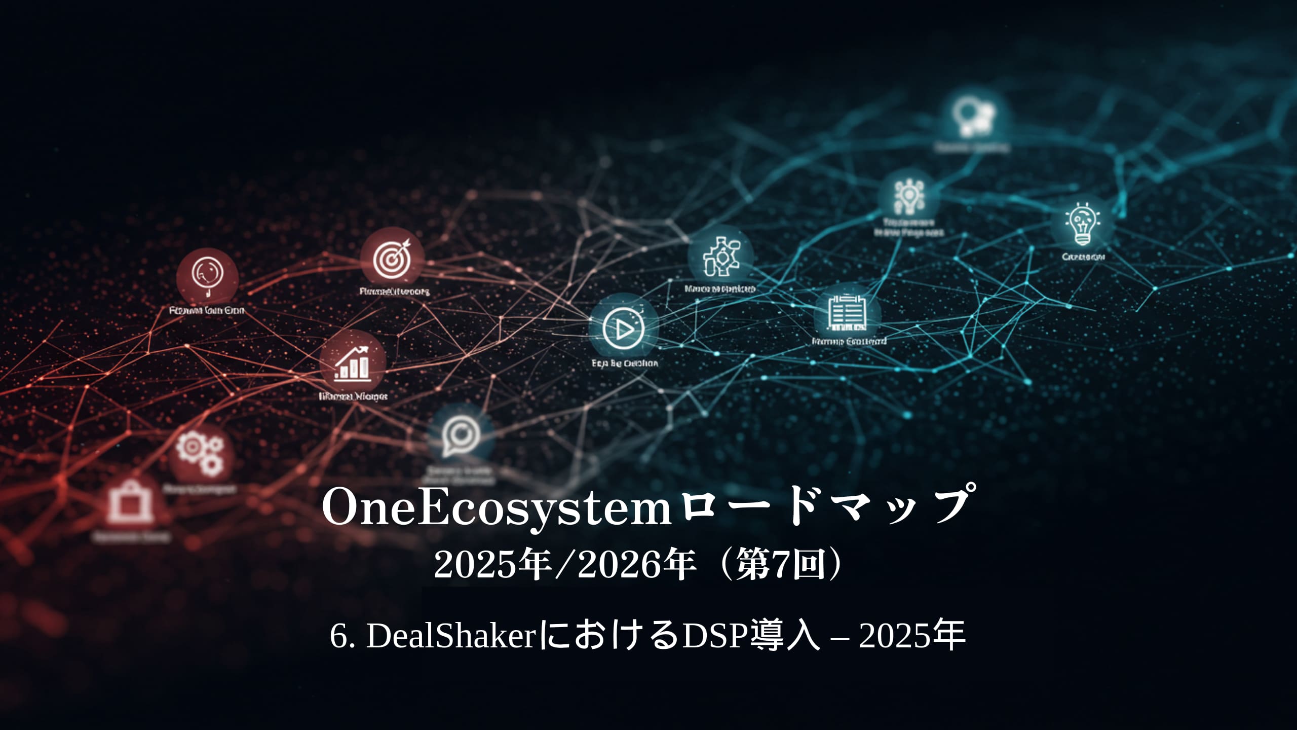 Сините и червените градиенти отличават японския текст: "Пътна карта на OneEcosystem 2025/2026 (7-ми)6. Внедряване на DSP в DealShaker - 2025.