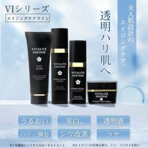 青い背景に日本語のテキストが添えられた「新世代のエイジングスキンケア4点セット」の黒いボトル4本が並んでおり、成熟した肌に向けた保湿、美白、弾力性の向上、シワケア、透明感、輝きの向上といった効果が強調されています。このセットは、加齢に伴う肌の特有のニーズに応えるよう特別に配合されています。.